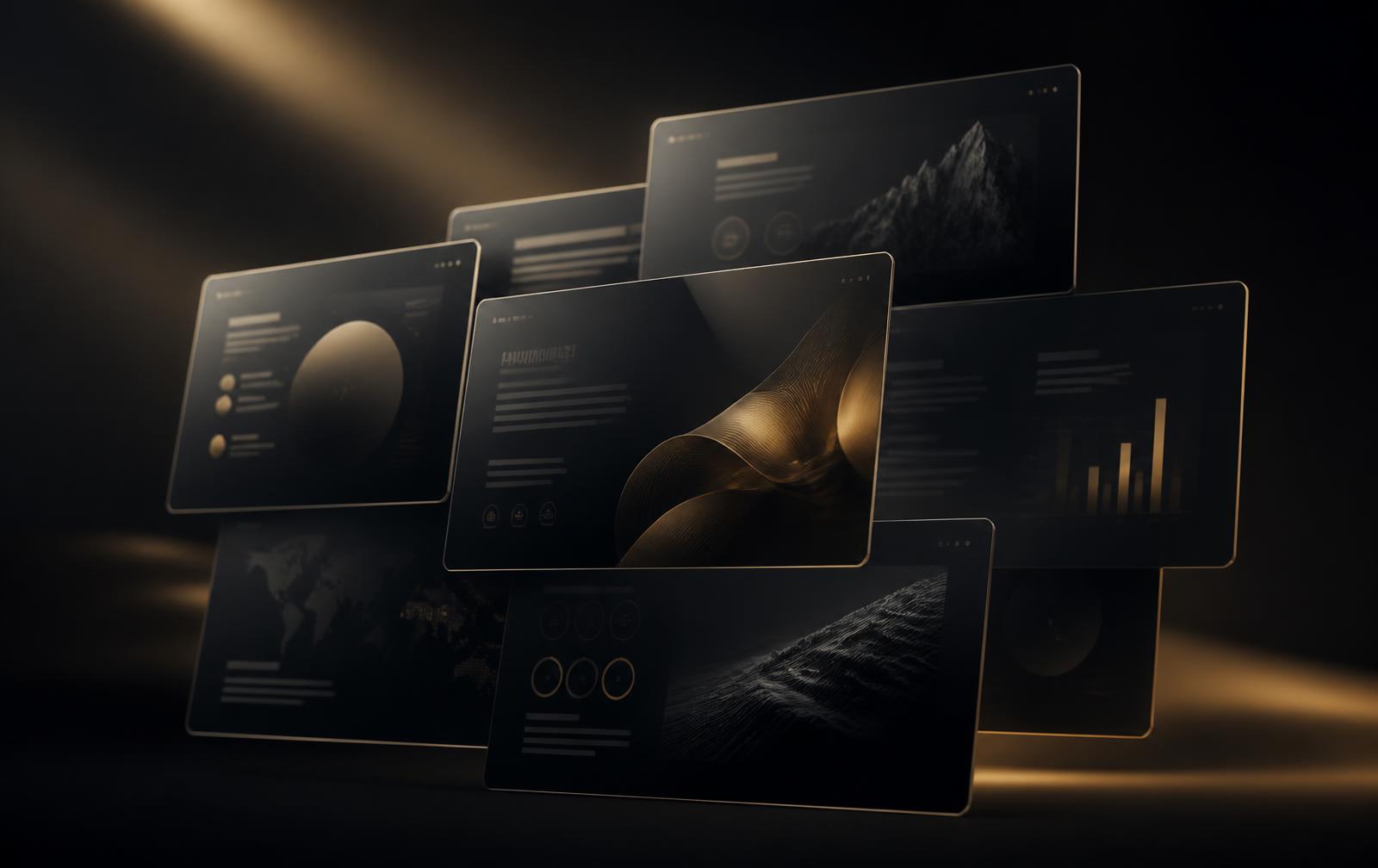A set of AI-generated presentation slides with consistent dark, gold-accented brand styling